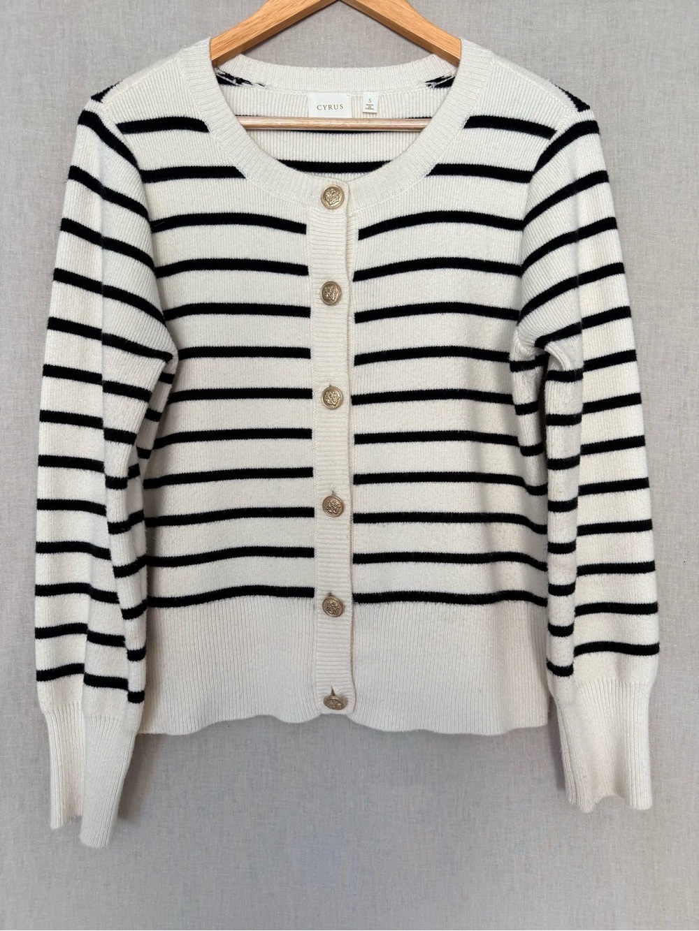 Cyrus | Lady Sweater | Cream & Black Breton Stripe Cardigan | Gold Buttons | S - Picture 2 of 12
